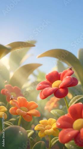 Red flower orange flower yellow flower dew drop bee summer garden 3d render macro pastel sunlight, closeup floral scene with dew drop and tiny bee petal, soft sunlight and shallow depth of field