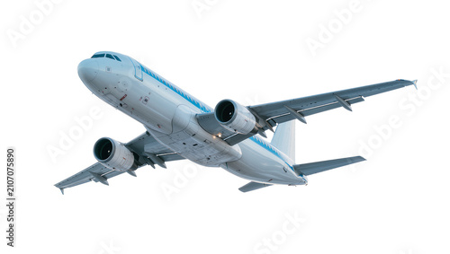 Isolated passenger airplane in flight, modern commercial jet aircraft taking off or landing