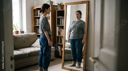 A woman looking at her reflection in a mirror, which shows a distorted, larger image of herself, symbolizing body image issues.
