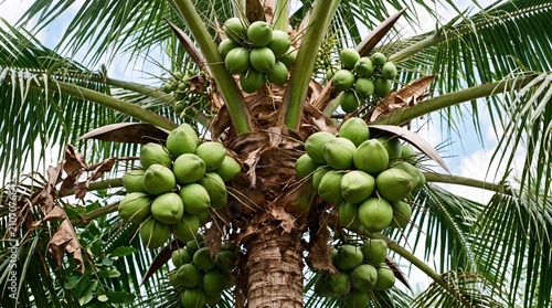 Green coconuts growing on a tall tropical palm tree outdoors