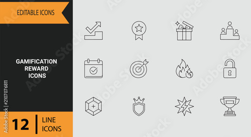 Interactive Gamification Reward Badge and Level Achievement Outline Graphic Icon Collection for Gaming Apps