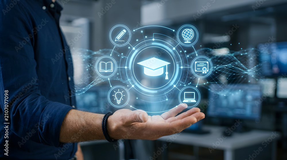 Obraz premium Businessman holds a glowing digital interface featuring educational icons above his open palm to symbolize modern learning technologies and the future of academic advancement in a professional.