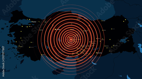 Turkey map with earthquake epicenter showing seismic wave ripples, natural disaster warning, catastrophe risk, and emergency radar concept vector.