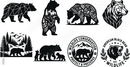 Foto Bear vector icon set featuring grizzly silhouettes forest landscapes mountain do
