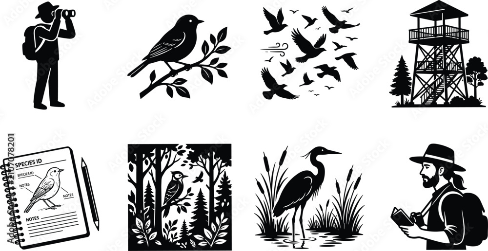 Fototapeta premium Bird watching vector icon set featuring birdwatchers binoculars observation tower field notebook migrating flocks and heron wildlife scenes in image_5a145c.png