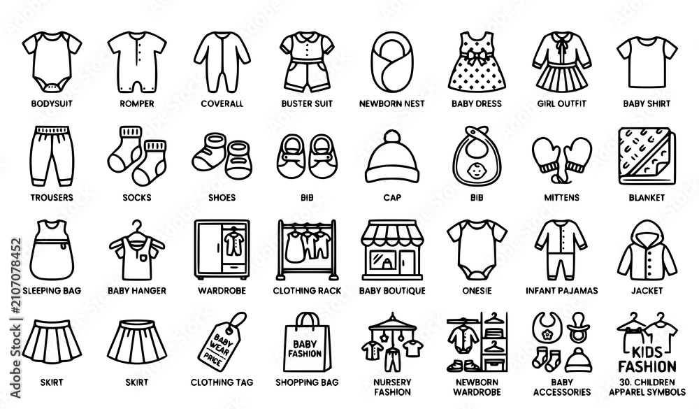 Naklejka premium Infant Clothing Outline Icons Collection for Baby Fashion and Newborn Apparel Stores