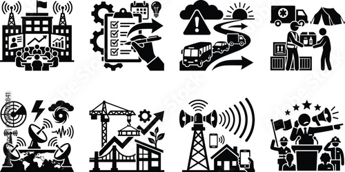 Disaster Response Emergency Management and Crisis Logistics Solid Icon Set Representing Public Safety Operations