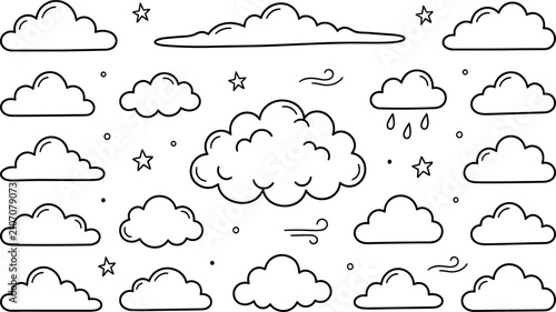 Hand drawn doodle clouds vector collection featuring cute sky outlines sketchy stars raindrops and wind blow symbols for pattern designs.