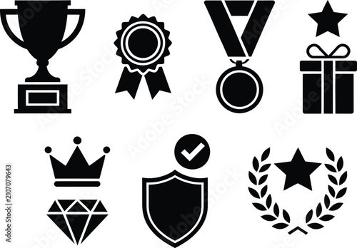 Schilderij op canvas Black silhouette award icons set trophies medals crowns and recognition symbols