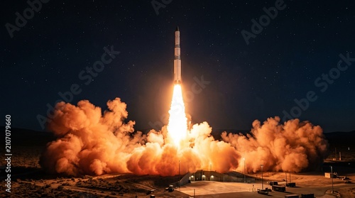 Minuteman III intercontinental ballistic missile launching at night. Powerful rocket liftoff with fiery exhaust and smoke plumes in dark sky.