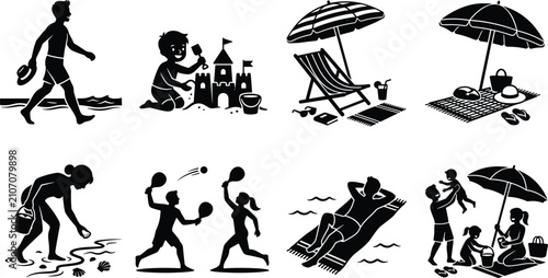 Foto Set of blue beach vacation vector illustrations featuring people sunbathing buil