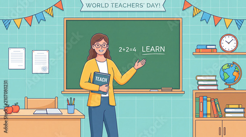 A cheerful female teacher standing in a classroom holding a book in front of a blackboard for World Teachers' Day, featuring educational school supplies.