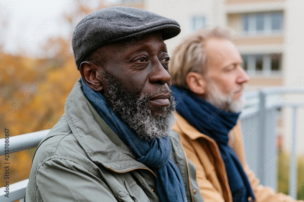Obraz premium Elderly men on balcony in autumn for friendship background banner showing contemplative seniors enjoying city view