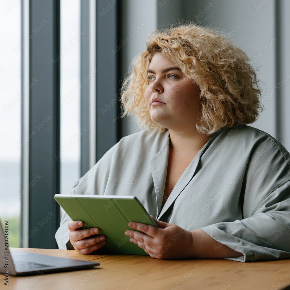 Obraz premium Curly haired woman holding tablet by window for remote study background and contemplative portrait for banner use