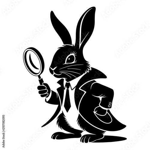 Black Rabbit Detective in Coat with Magnifying Glass, the Concept of Investigation and Problem Solving for Business Consulting, Educational Resources, and Analytics Branding