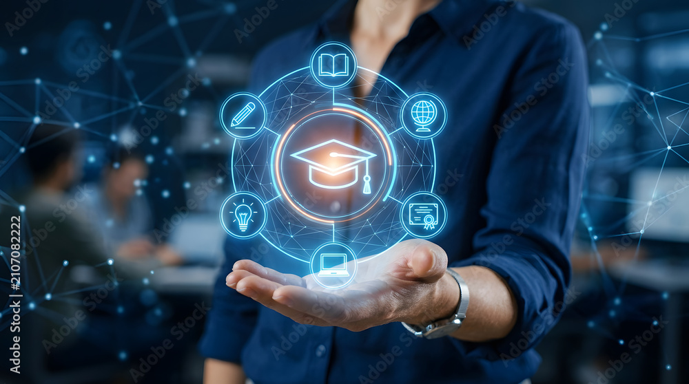 Fototapeta premium Hand holding glowing holographic educational icons, representing digital learning, future knowledge, and technology integration in online academia