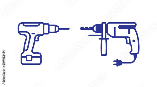 Electric power tools outline icons set with construction electric hardware equipment industry maintenance improvement cordless handheld instrument renovation engineering