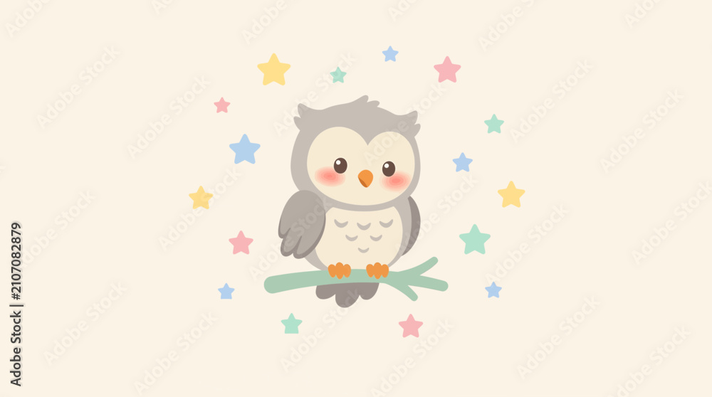 Fototapeta premium Cute Baby Owl Perched on Branch with Stars Background