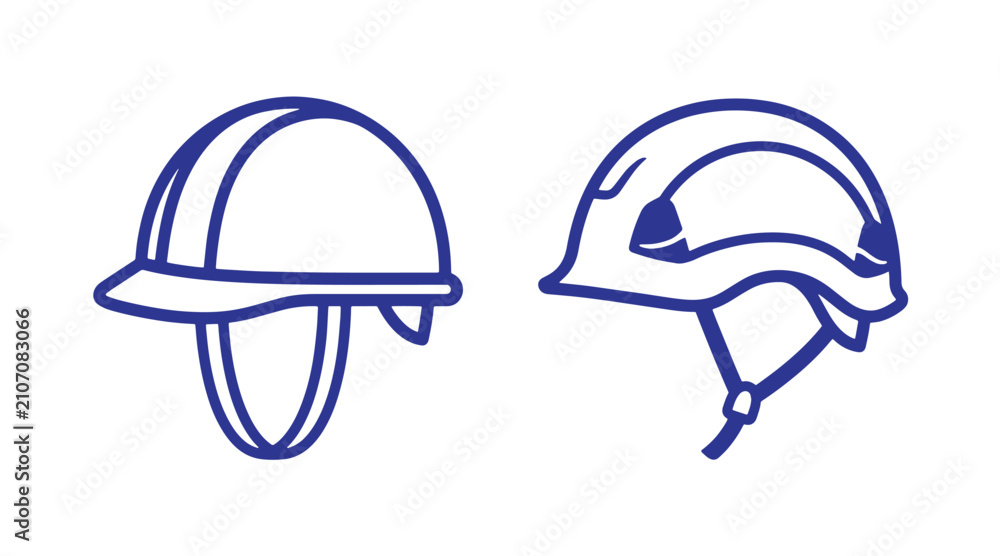 Fototapeta premium Blue line art icons of protective construction and industrial safety helmets with construction industrial protective equipment engineering headgear protection security