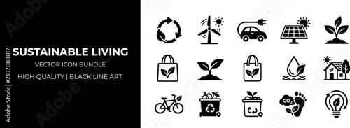 Sustainable living icons set. Eco friendly energy and green environment vector symbols.