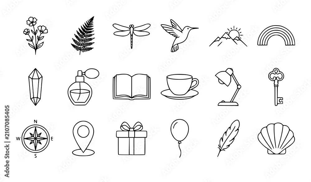 Fototapeta premium Minimal Outline Vector Illustration Pack with Modern Monoline Lifestyle and Nature Elements for Creative Design