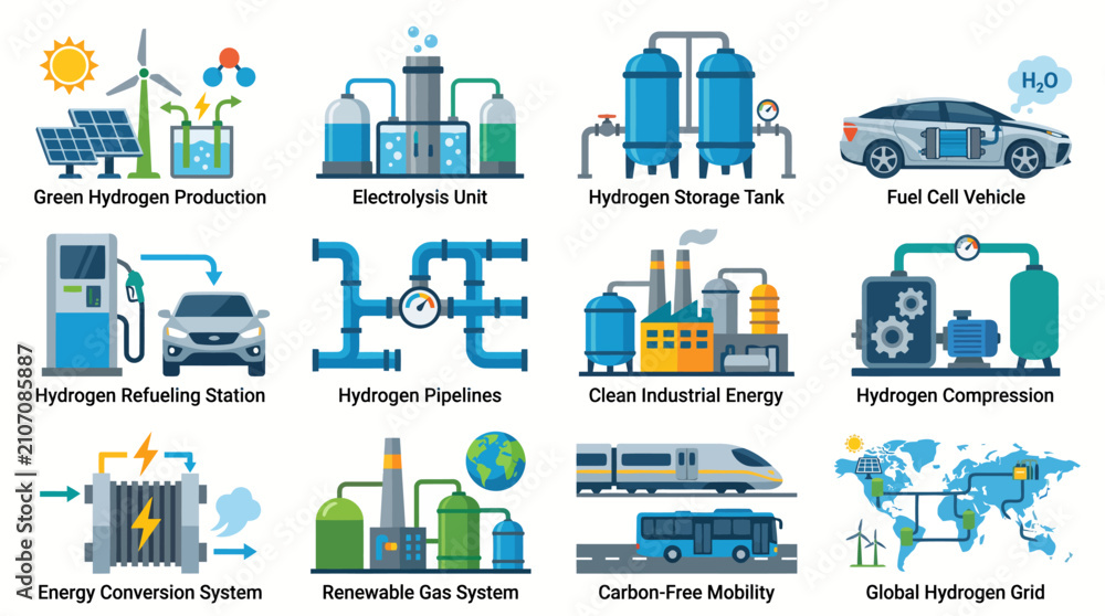 Fototapeta premium Hydrogen Storage Grid And Clean Fuel Icon Set