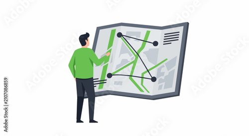 Business Strategy and Route Planning Concept with Professional Man Analyzing a City Map for Logistics and Navigation Optimization on White Background