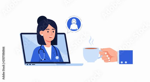 Online Medical Consultation Concept with Female Doctor on Laptop Screen and Patient Holding Coffee. Vector Illustration for Telemedicine and Digital Healthcare Services.