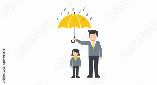 Business Protection Concept Illustration with Businessman Holding Yellow Umbrella Over a Colleague in the Rain for Insurance, Mentorship, and Risk Management