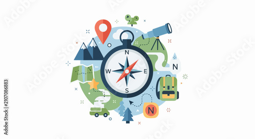 Travel and Adventure Concept Flat Vector Illustration with Compass, Map, Backpack, and Telescope for Navigation and Exploration Theme