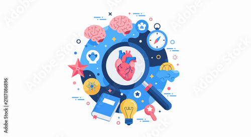 Heart and Brain Health Concept Illustration with Magnifying Glass for Medical Research, Cardiology, Neuroscience, and Psychological Exploration