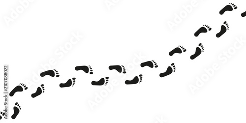 Black human barefoot footprints creating a diagonal path on a clean white background, symbolizing progress, journey, decision, or personal discovery.