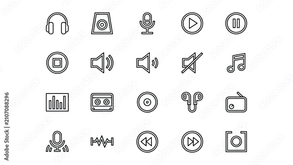Fototapeta premium Collection of Minimalist Line Icons Representing Various Audio and Media Control Devices and Functions