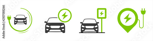 Four modern vector icons illustrate electric vehicle charging solutions, featuring cars, plugs, lightning bolts, and charging stations in green and black for sustainable transport concepts.