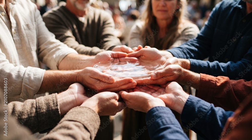 Fototapeta premium Hands of various individuals come together to hold a shallow bowl of water, signifying a moment of unity and connection during a vibrant outdoor gathering filled with warmth.