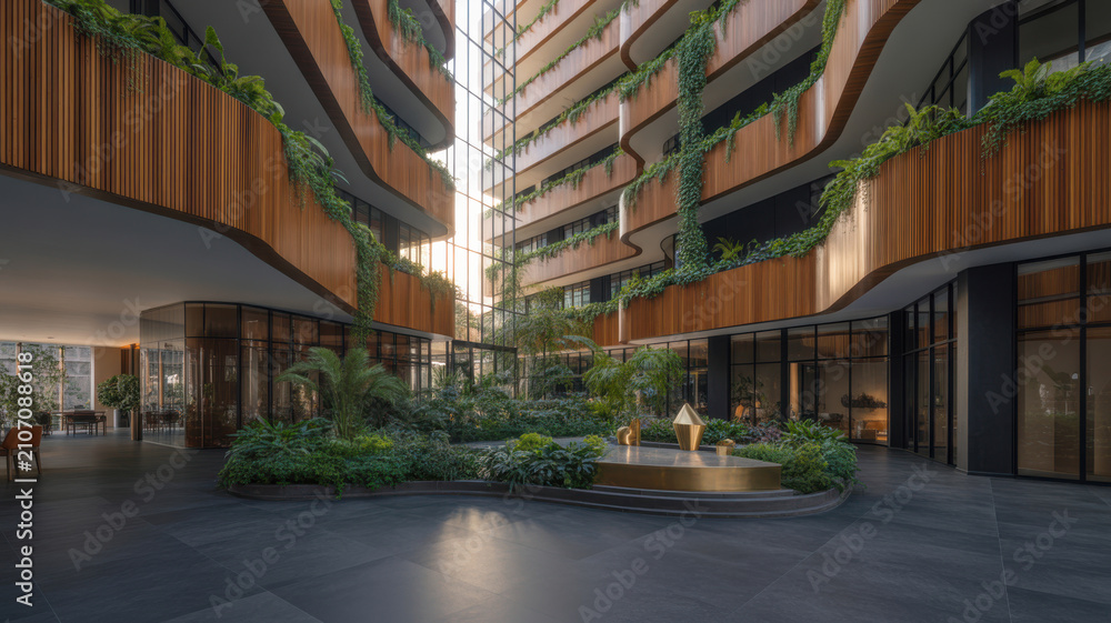 Fototapeta premium Modern luxury apartment building interior courtyard with lush green plants and wooden balconies.