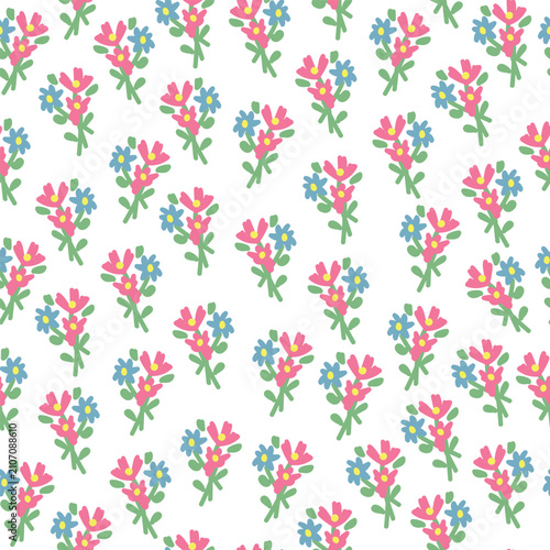 coquette seamless pink and blue flowers pattern. Delicate petals and vibrant blossoms create an artistic and vintage botanical illustration. Perfect for wallpaper, fabric, wrapping paper and more.