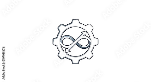 Gear containing an infinity symbol with arrows represents continuous industrial improvement, cyclical processes, and endless mechanical efficiency.