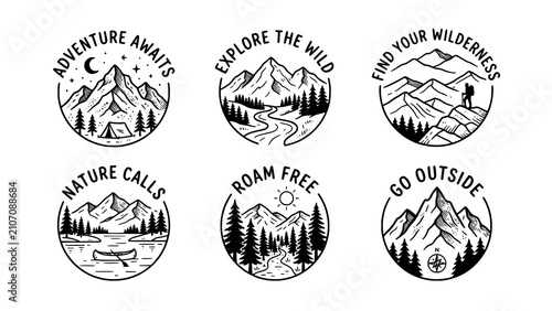 Fotografie Set of six vintage outdoor adventure badges with mountain landscapes and inspira
