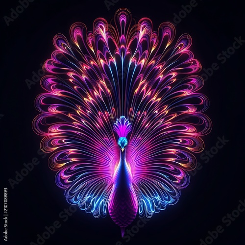Neon peacock feather display abstract digital art for modern interiors