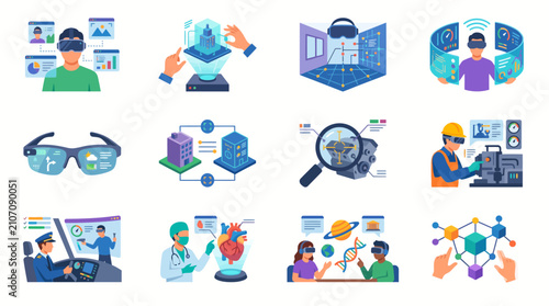 Industrial AR VR Technology Icon Set With Engineer And Hologram