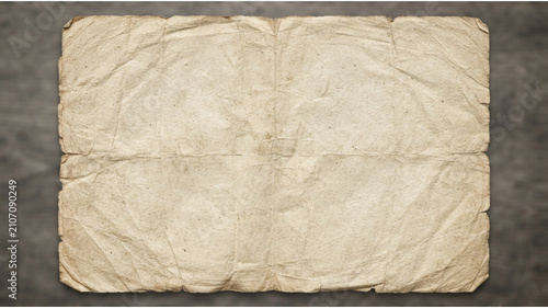 Vintage old paper texture with crumpled folds and weathered edges, antique parchment background for scrapbooking and historical design, aged yellowed document sheet on dark stone surface