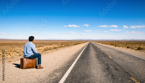 Man sitting on a leather suitcase looks down a long empty desert highway under a clear blue sky.