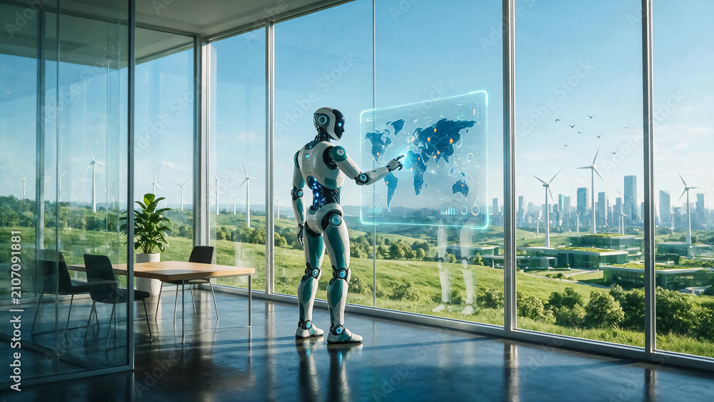 Fototapeta premium Futuristic humanoid robot interacting with holographic world map, sustainable green energy office with wind turbines, artificial intelligence concept