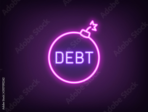 Canvas Print Neon bomb with text Debt and burning fuse, finance risk management