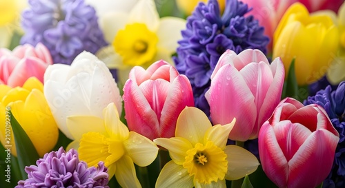 Vibrant Colorful Tulip and Spring Flowers Bouquet Close Up.