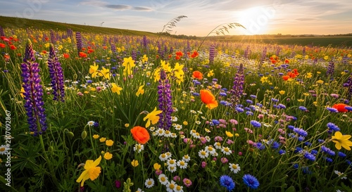 Beautiful wildflower meadow with colorful lupines and daisies blooming under warm golden sunset light.