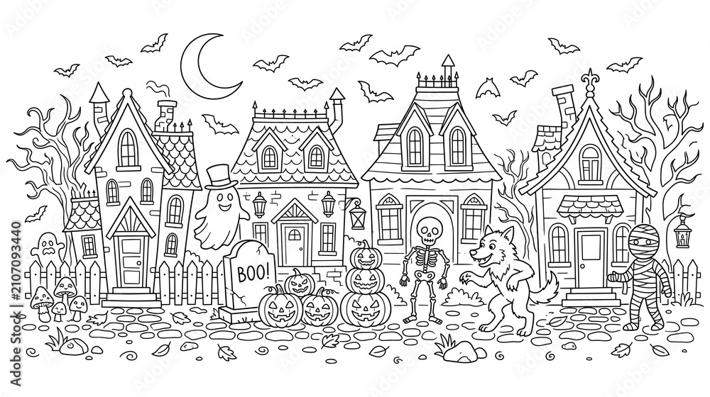 Naklejka premium Halloween town with spooky characters like skeleton and ghost, trick or treat.