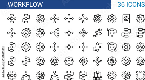 Fotografija Business workflow icon pack containing thirty six line vectors for process manag
