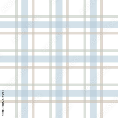 Elegant seamless plaid pattern featuring soft pastel blue, light green, and beige overlapping stripes on a white background, ideal for textiles, wrapping paper, and digital scrapbooking.